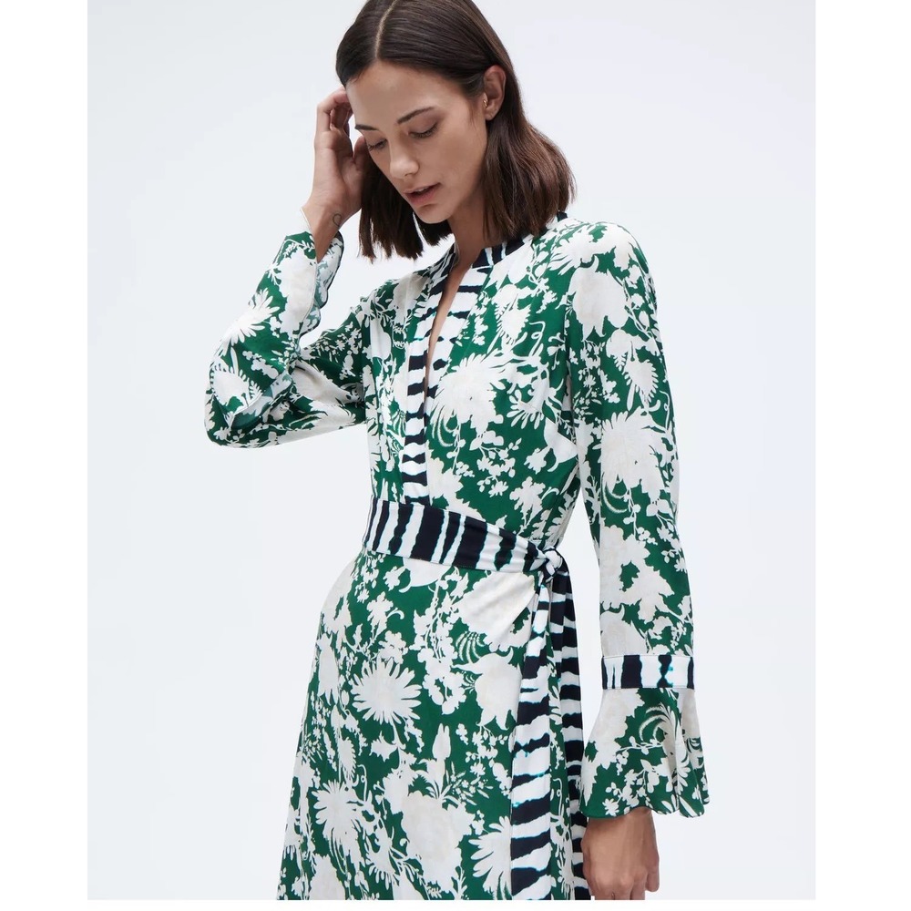 Figue Calliope Wrap Dress Green White Floral Striped V-Neck Bell Cuff Maxi - Picture 2 of 11